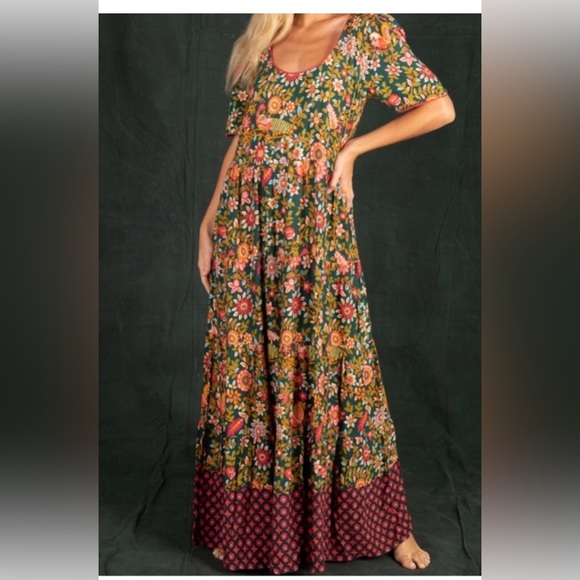 NATURAL LIFE Dresses & Skirts - Natural Life Lucia Maxi DressBohemian Floral Flowy Print Green Pink Bird Sz Med